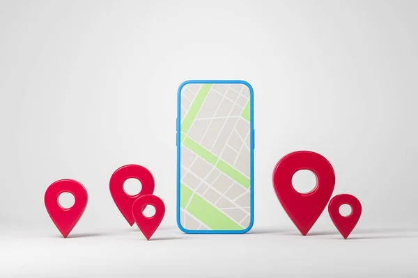 Vooraanzicht Van Smartphone Met Stadsplattegrond Het Scherm Rode Locatie Pin — Stockfoto