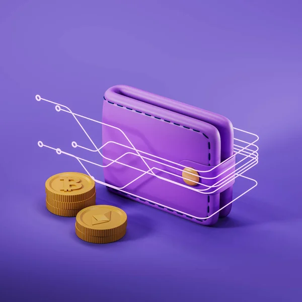 Peněženka Mincemi Finanční Zajištění Fialovém Pozadí Online Bankovnictví Zlaté Mince — Stock fotografie