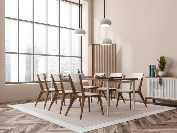 Beige Eating Room Interior Six Chairs Wooden Table Side View — Stock Photo, Image