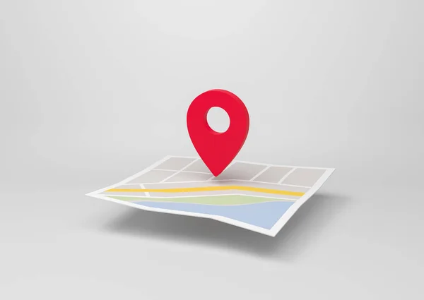 グレーの背景に赤い位置マーカーと都市マップ 折り畳まれた道路ナビゲーションマップ 3Dレンダリング — ストック写真