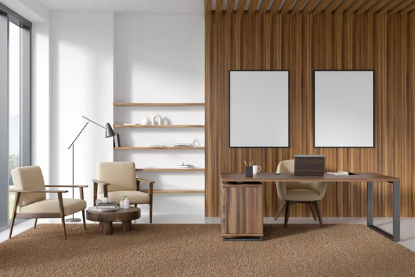 Corner view on bright office room interior with two empty white poster, desk with laptop, concrete floor, three armchair, panoramic window with countryside view. Concept of ceo. Mock up. 3d rendering