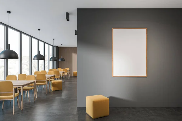 Intérieur Café Sombre Avec Affiche Blanche Vide Fenêtre Panoramique Avec — Photo