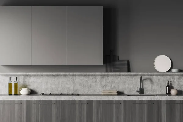 ガス炊飯器 シンク タオル 液体石鹸 オイル 調理机 グレーの壁で暗いキッチンルームのインテリア ミニマルデザインのコンセプト 創造的なアイデアのためのスペース 3Dレンダリング — ストック写真
