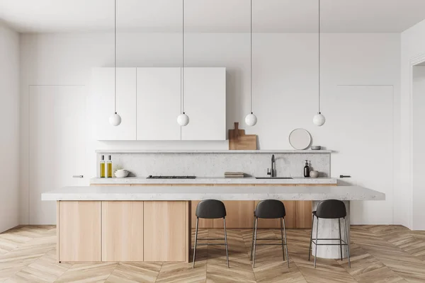 Intérieur Cuisine Blanc Avec Chaises Bar Table Sur Parquet Évier — Photo