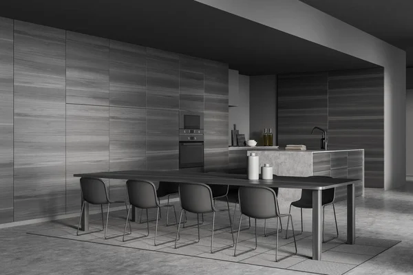 ダブルオーブン付きのバーカウンター付きのダークキッチンルームのインテリア ガス炊飯器 調理机 コンクリート床付きのダイニングテーブル ミニマルデザインのコンセプト 創造的なアイデアのためのスペース 3Dレンダリング — ストック写真
