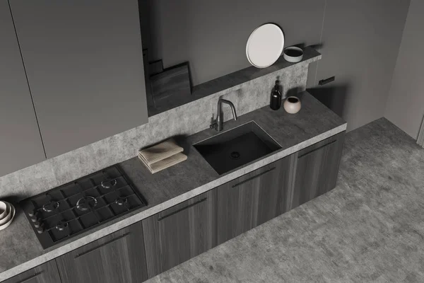 싱크대와 스토브가 인테리어의 접시와 기구를 비누를 갑판에 놓으라 아파트의 렌더링 — 스톡 사진