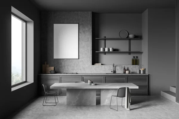 テーブルの上の椅子や料理 灰色のコンクリートの床に設定されたキッチン付きの暗いダイニングインテリア 田舎のパノラマの窓 壁にモックアップフレーム 3Dレンダリング — ストック写真