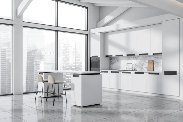 White Kitchen Interior Bar Chairs Island Grey Tile Floor Sink — Stock Photo, Image