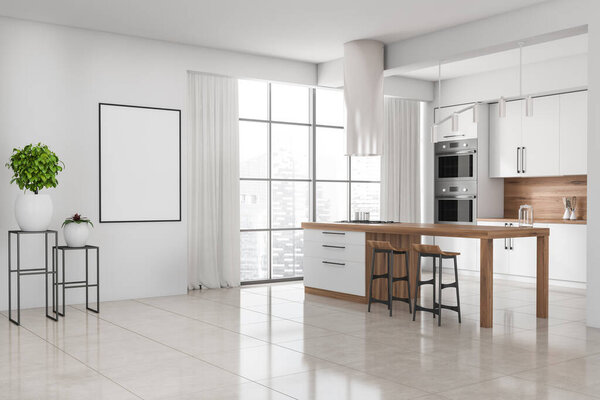 Bright kitchen room interior with empty poster, bar counter with double oven, concrete tile floor, panoramic window. Concept of minimalist design. Space for creative idea. Mock up. 3d rendering