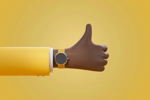 非洲卡通人物的手 有黄色背景的大拇指 聪明的手表 赞成和喜欢的概念 投票或评级设计标志 3D渲染 — 图库照片