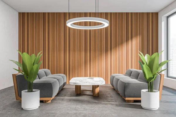 ソファ コーヒーテーブル 都市の超高層ビルのビューとコンクリートの床と明るいオフィスルームのインテリアのフロントビュー 会議や同僚のための場所の概念 3Dレンダリング — ストック写真