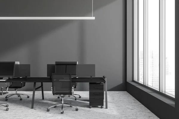 Intérieur Coworking Sombre Avec Fauteuils Noirs Bureau Sur Table Sol — Photo