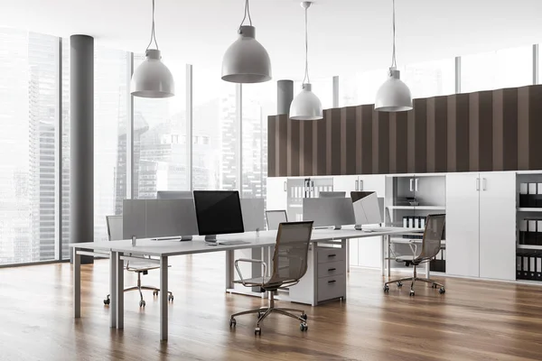 Corner View Bright Office Room Interior Desk Desktops Armchairs Panoramic — Stock Photo, Image