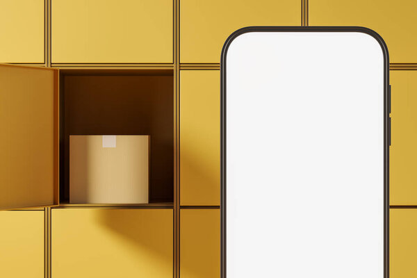 Phone display and yellow self-service terminal, cardboard box in open cell. Concept of online order. Mock up blank display, 3D rendering