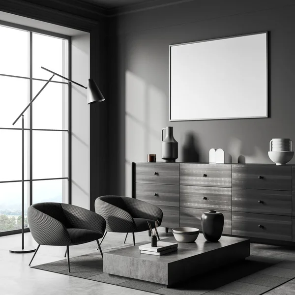 Donkere Woonkamer Interieur Met Twee Fauteuils Buurt Van Panoramisch Raam — Stockfoto