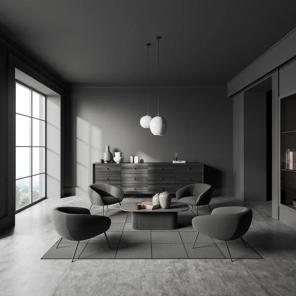 パノラマの窓 アームチェア コーヒーテーブル サイドボード コンクリート床と暗いリビングルームのインテリアのフロントビュー ミニマルデザインのコンセプト 創造的なアイデアのためのスペース 3Dレンダリング — ストック写真