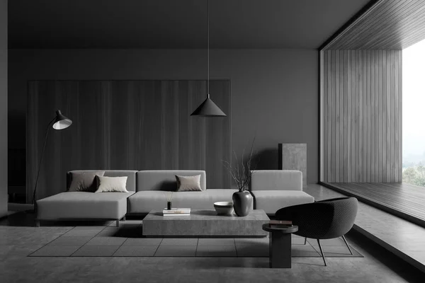 Dark Relaxing Room Interior Sofa Armchair Coffee Table Carpet Grey — Stock Photo, Image
