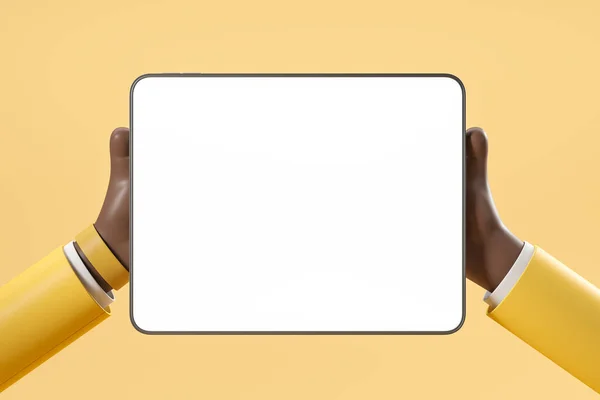 Black Cartoon Hand Hold Tablet Mock Copy Space Screen Yellow — Stock Photo, Image