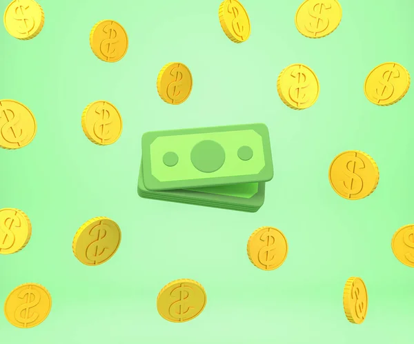 Goldmünzen Fallen Und Dollarnoten Hellgrüner Hintergrund Konzept Von Investitionen Und — Stockfoto