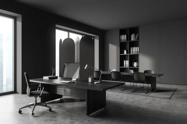 Vista Canto Interior Sala Escritório Cinza Escuro Com Placa Reunião — Fotografia de Stock