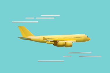 Turkuaz arka planda uçan sarı uçak, soyut bulutlar. Tatil ve hava yolculuğu kavramı. 3B görüntüleme