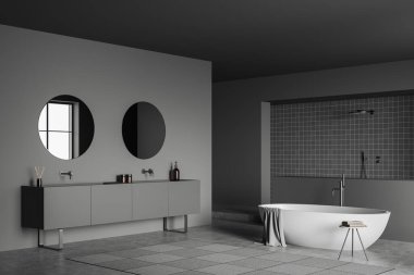Küvetin içi karanlık banyo, havluları olan tabure, duş, halı, gri duvarlar, yansıma penceresi, beton zemin. Sağlık için hijyenik ve spa prosedürleri kavramı. 3d oluşturma