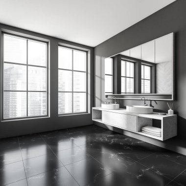 İçi koyu gri banyo, çift lavabo, panoramik pencere şehir manzaralı, duvarda kocaman bir ayna, siyah mermer döşemeli döşeme. Sağlık için hijyenik ve spa prosedürleri kavramı. 3d oluşturma