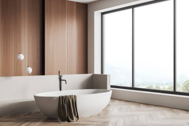 Ahşap banyo, zemin parke kaplı küvet, yan görüş. Kırsal manzaralı panoramik pencereli otel odası, 3D görüntüleme