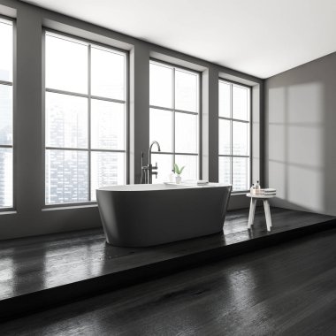 Küvetli karanlık banyo, şehir manzaralı panoramik pencere, raf boşluğu, gri duvarlar, ahşap zemin. Sağlık için hijyenik ve spa prosedürleri kavramı. 3d oluşturma