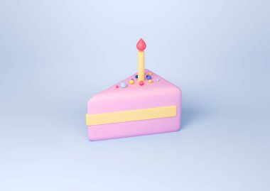 Süslü kek ve mavi arka planda mum. Dekoratif ve renkli toplar. Şeker ve tatil kavramı. 3B görüntüleme