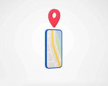 Şehir haritası ekranda olan akıllı telefonun ön görüntüsü. Beyaz arka planda kırmızı lokasyon. GPS navigasyon için mobil uygulama kavramı. Kopyalama alanı, 3B oluşturma