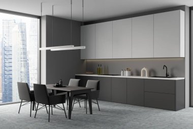 İçi panoramik pencereli karanlık mutfak odası Singapur şehri gökdeleni, gaz ocağı, yemek masası, lavabo, beton zemin. Minimalist tasarım kavramı. Yaratıcı fikir için yer var. 3d oluşturma