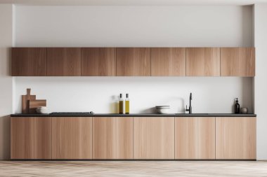 Mutfağın içinde lavabo, soba var. Mutfak gereçleri ve tabaklar, ön manzara. Ahşap dolap, ahşap zemin. 3B görüntüleme