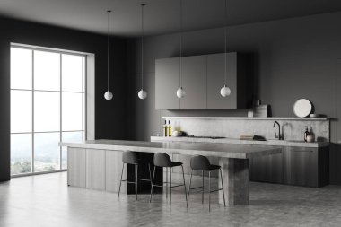 Gri Modern tasarım yemek odası ve mutfak içi boş beyaz ada, uzun masa, beton döşeme. Panoramik pencere. Yemek alanı konsepti. 3d oluşturma