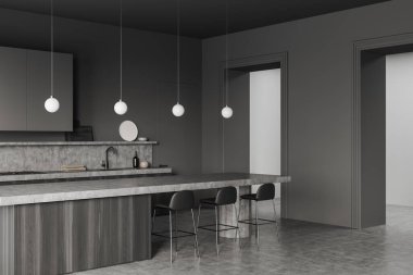 Ada, bar taburesi, gaz ocağı, lavabo, havlular, sıvı sabun, yemek masaları, gri duvarlar. Minimalist tasarım kavramı. Yaratıcı fikir için yer var. 3d oluşturma