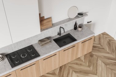 Beyaz ahşap döşemeli, lavabolu ve sobalı iç mekan manzarası. Tezgahta aletler var. Modern apartmanda yemek pişirme alanı, 3D görüntüleme
