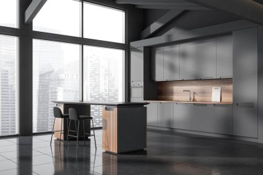 Bar sandalyeleri ve siyah fayanslı bir adası olan karanlık bir mutfak, mutfak gereçleri ve yan manzarası olan bir lavabo. Singapur şehir görünümlü panoramik pencere, 3B görüntüleme
