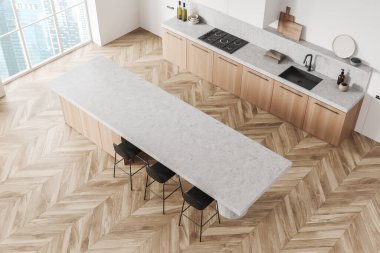 Parlak Modern tasarım yemek odası ve mutfak içi boş beyaz ada, uzun masa, ahşap döşeme. Panoramik pencere. Yemek alanı konsepti. Üst Manzara. 3d oluşturma