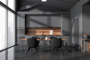 Karanlık mutfak odası lavabo, yemek masası, koltuklar, yemek masaları, gri duvarlar, panoramik pencere. Minimalist tasarım kavramı. Yaratıcı fikir için yer var. 3d oluşturma