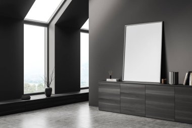İçi siyah ahşap şifoniyerli, yan manzaralı bir galeri. Oturma odasında sanat dekorasyonu, gri beton zemin. Kırsal kesimli panoramik pencere. Posteri taklit et, 3D görüntüleme
