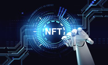 Robot parmak NFT hologramına çizgilerle dokunuyor. Meta-evrendeki ikili kod. Finansal olmayan jeton ve sanal sanat. Kriptoart kavramı. 3B görüntüleme