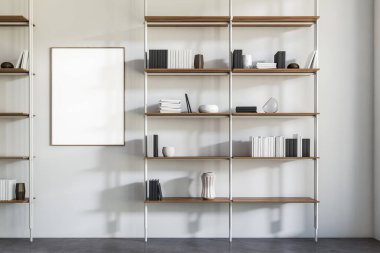 Sanat odasının içinde raflar, dosyalar, vazolar, kitaplar ve süslemeler var. Beyaz duvardaki çerçeve, koyu beton zemin, 3D görüntüleme.