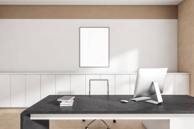 Ofis içi, CEO masası, masa, masaüstü bilgisayarı, koltuk, beton zemin. Duvarda boş bir poster var. Uluslararası iş kavramı. Şehir manzaralı. 3d oluşturma