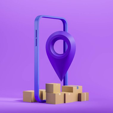 Mor arkaplandaki karton kutular, bir yer ve telefon. Çevrimiçi siparişler ve toptan satış kavramı. Paketin teslimatı ve takibi. 3B görüntüleme
