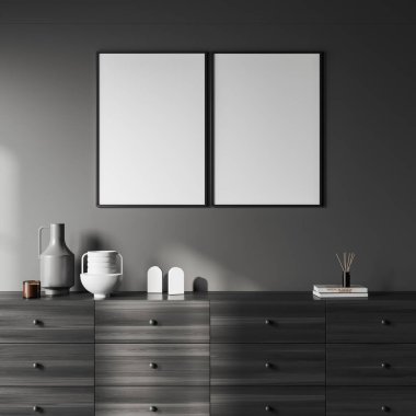 Karanlık oturma odasının içini ön tarafta iki beyaz poster, büfe, gri duvarlar ve kitaplı çanak çömlek var. Minimalist tasarım kavramı. Yaratıcı fikir için yer var. Model yap. 3d oluşturma