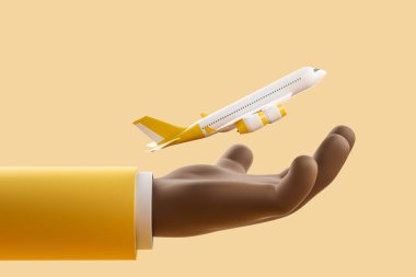 Çizgi filmdeki Afrikalı el ve beyaz uçak sarı arka planda havalanır. Hava yolculuğu ve turizm kavramı. 3B görüntüleme