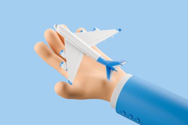 Mavi arka planda beyaz uçakla karikatür elin üst görüntüsü. Hava yolculuğu ve turizm kavramı. 3B görüntüleme
