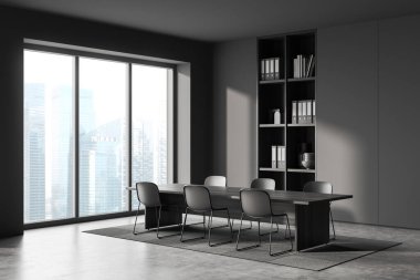 Karanlık ofis odasının iç tarafında toplantı masası, panoramik pencere, koltuklar, klasörlü raflar ve beton zemin, halı. Buluşma ve iş birliği yeri kavramı. 3d oluşturma