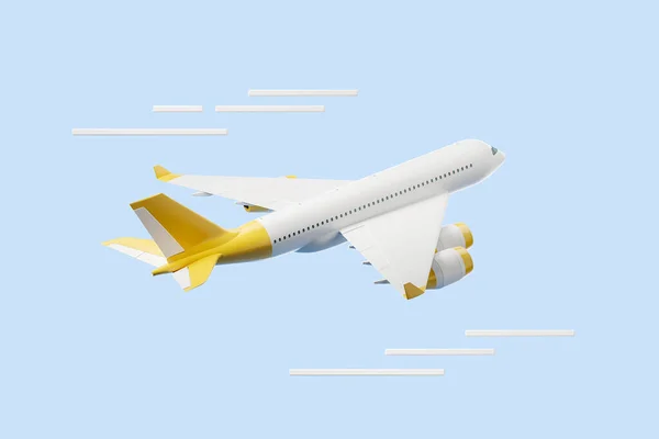 白色的飞机在蓝色的背景上飞行 抽象的云彩 旅游和旅行的概念 3D渲染 — 图库照片
