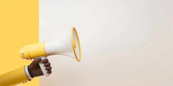 African Cartoon Hand Loudspeaker White Background Advertising Promotion Bullhorn Messages — Stock Photo, Image